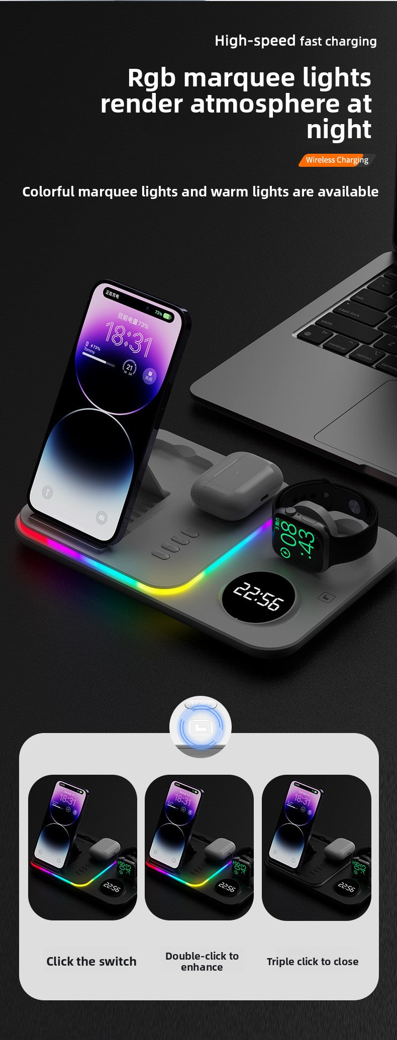 3-in-1 wireless charger, clock wireless charging 30W multi-function magnetic wireless charging