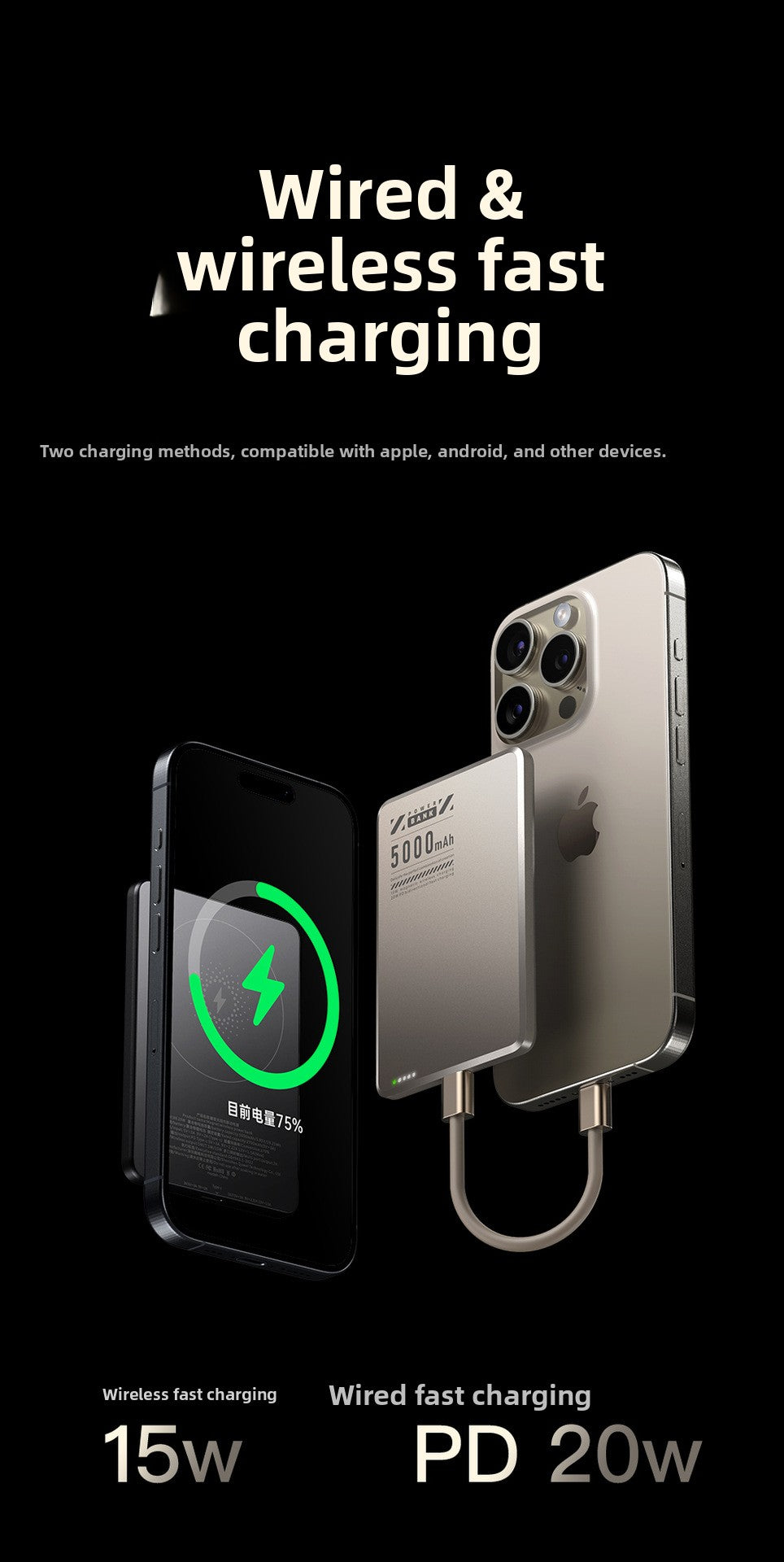 Ultra-thin Magsafe magnetic wireless power bank 5000mAh PD20W fast charging aluminum alloy compact mobile power supply