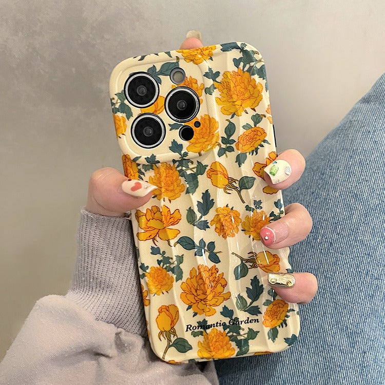 Accessories ins wind green leaves full screen yellow flowers suitable for apple 15promax mobile phone case iphone14pro advanced sense 13p