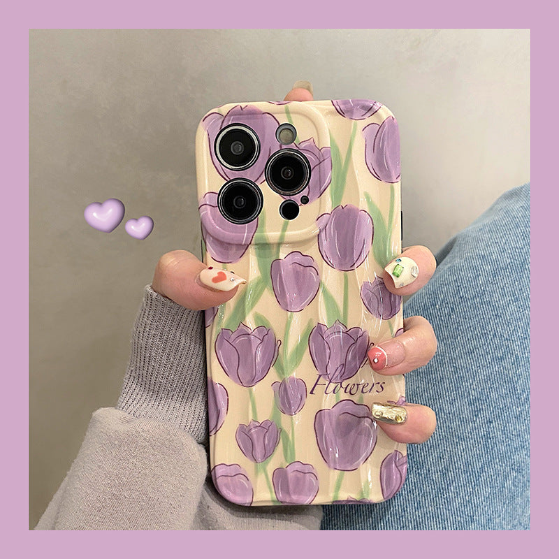 Accessories ins wind purple tulip flower for apple 15promax mobile phone case iphone14pro premium sense 13p