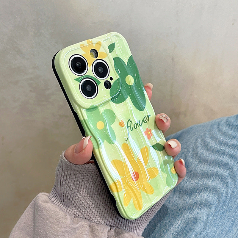 Accessories Japanese and Korean ins green oil painting flowers for Apple 15promax mobile phone case iphone14pro premium sense 13p