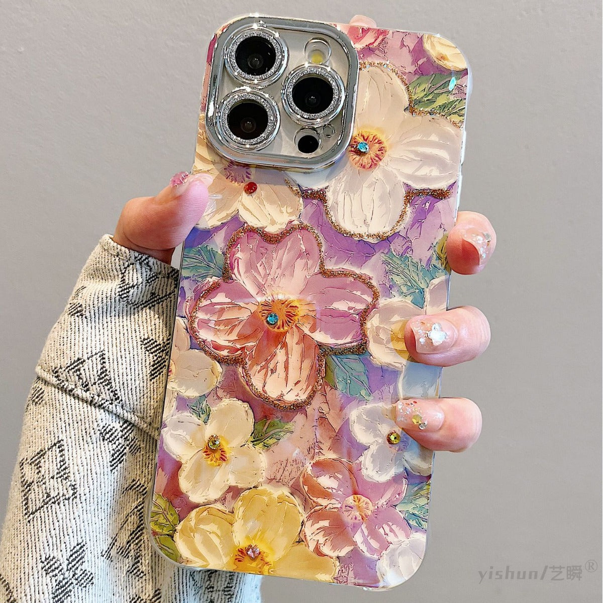 Accessories for Apple 15ProMax mobile phone case iPhone14 Hyunya wind blue light point diamond oil painting flower 12 glitter mirror