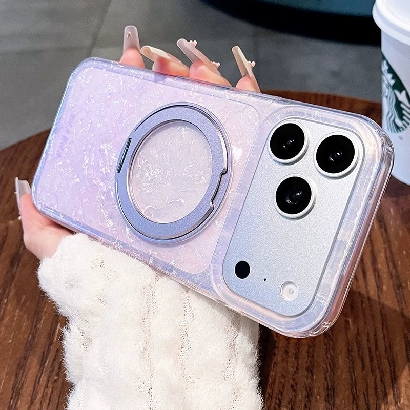 Gilded shell pattern stand for iPhone 17 Pro Max phone case, new iPhone 16 gradient gradient gradient with built-in pearlescent glitter protective cover, 15 Pro stand case, Phone accessories