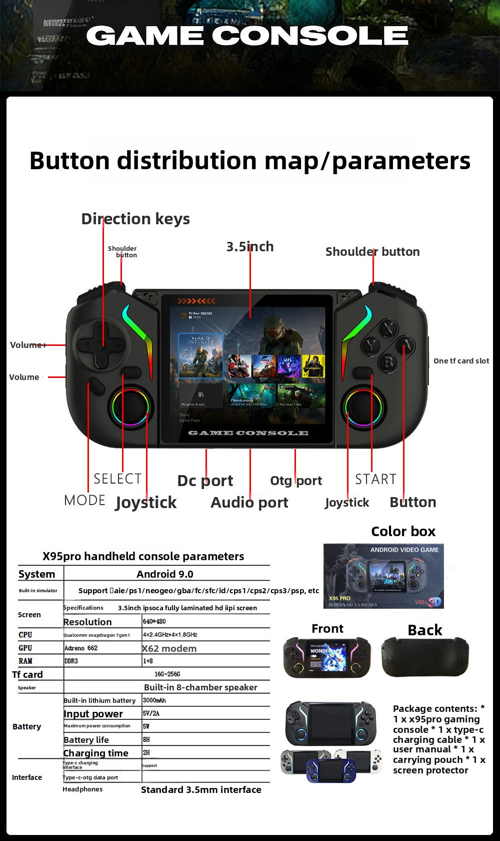 3.5" inch X95 PRO  PSP HD wifi Android 9.0 dual system Retro Handheld Game Console 3000mAh type C rechargable 64GB/128GB Portable Gaming Device  Game Player console