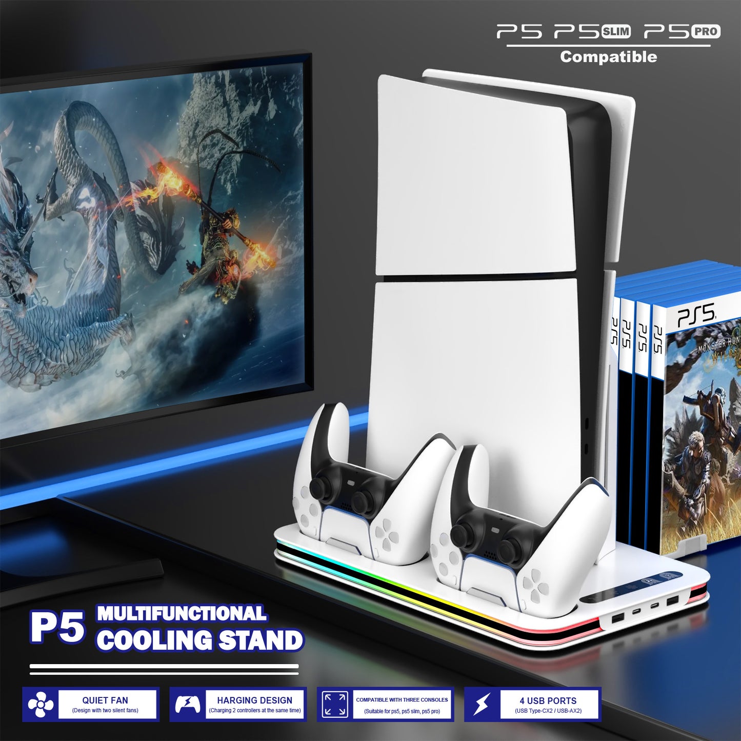 PS5/SLIM/PRO Multifunctional Host Cooling Fan Seat Charger Host Cooling Base Storage Rack with RGB Light