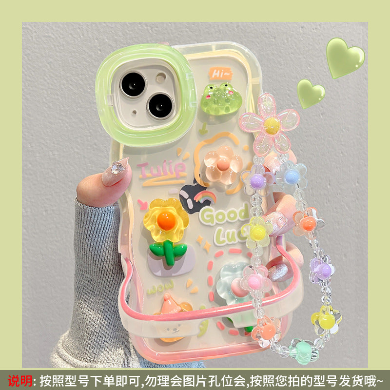 Accessories Frog Flower for Apple 13/14 Double Stand New iPhone 15 Cute Niche Mobile Phone Case Creative Cartoon