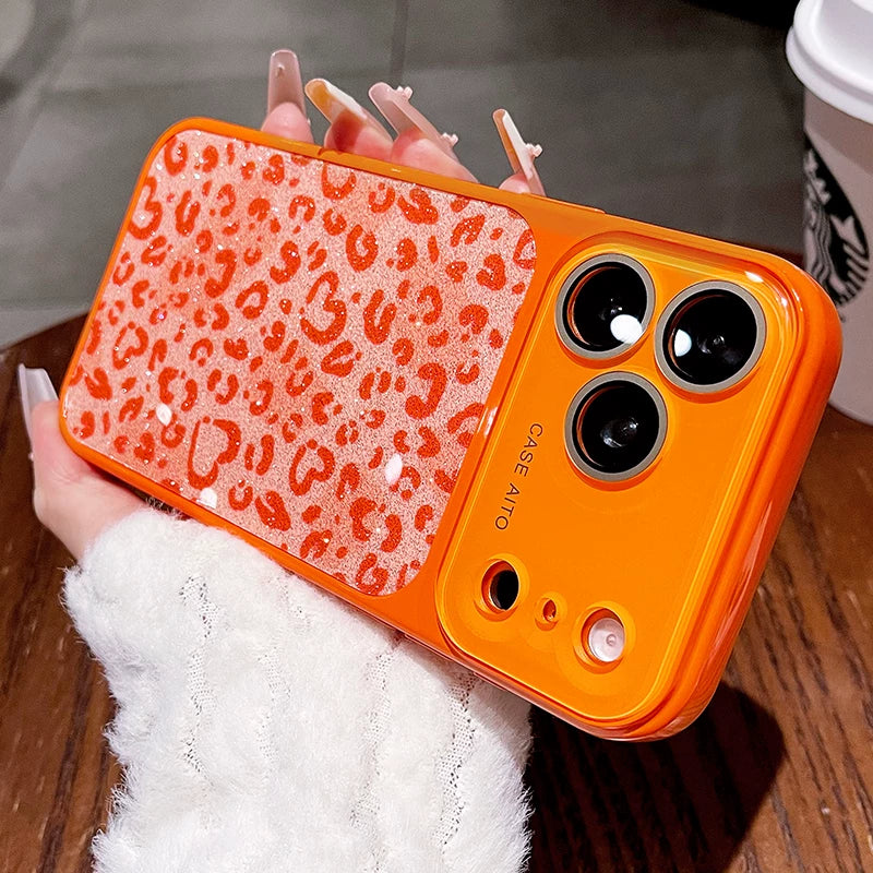 Glitter love leopard print for iPhone 17promax mobile phone case new iPhone16 seconds change 17pro large window lens film all-inclusive 15pro sweet cool women's shell Phone accessories