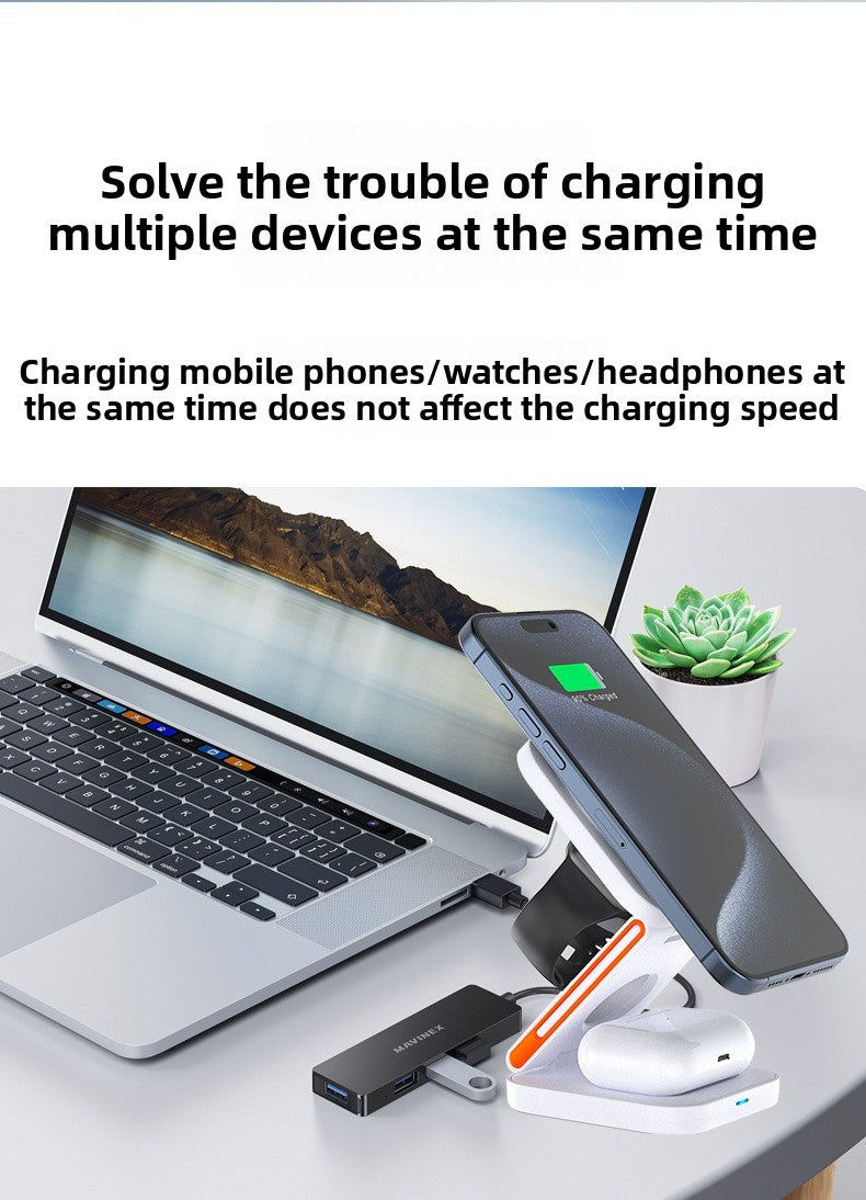 New multi-functional desktop vertical folding three-in-one wireless charging 15W magnetic mobile phone holder wireless charger