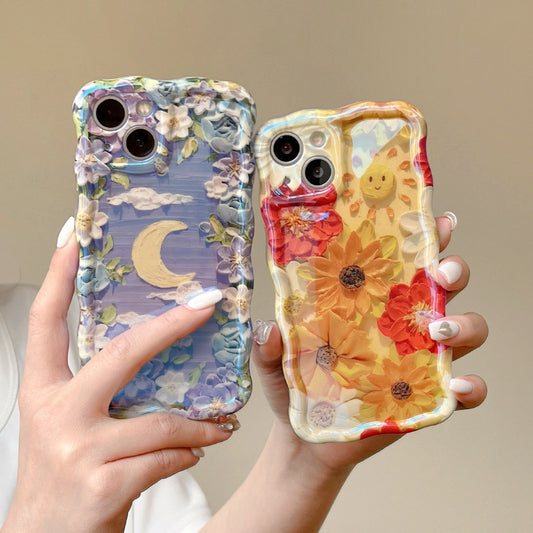 Accessories (Shipping fee not included) Applicable to Apple 14 mobile phone case iphone15promax blue light oil painting flower 11 spring Korean new 12 Internet celebrity