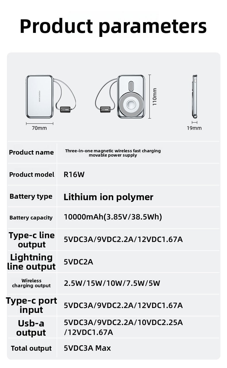 KC magnetic power bank 10000 mAh with its own cable ultra-thin watch earphones wireless fast charging power bank