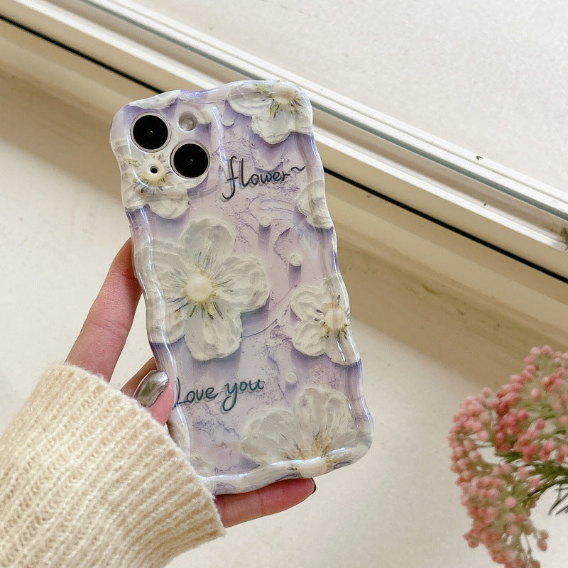 Accessories (Shipping fee not included) Purple foundation English flower twisted edge mobile phone trendy case Internet celebrity mobile phone case New creative iphone14 Apple ins