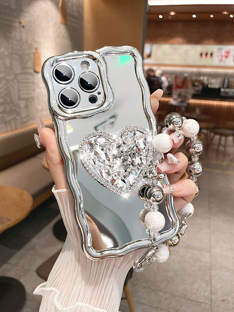 Accessories Silver mirror love rhinestone bracket for Apple 14promax mobile phone case iphone13 new 12pro