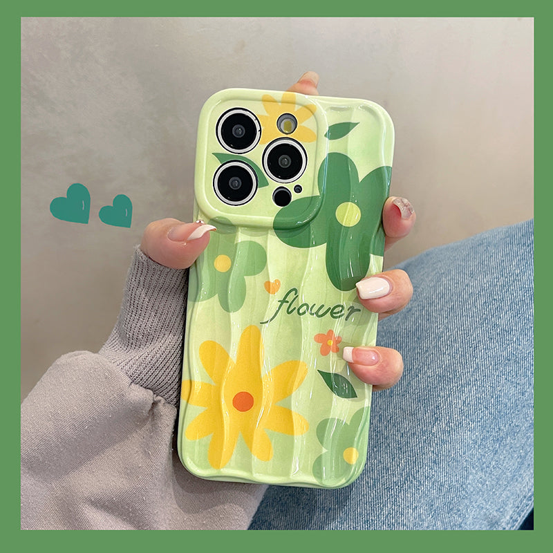 Accessories Japanese and Korean ins green oil painting flowers for Apple 15promax mobile phone case iphone14pro premium sense 13p