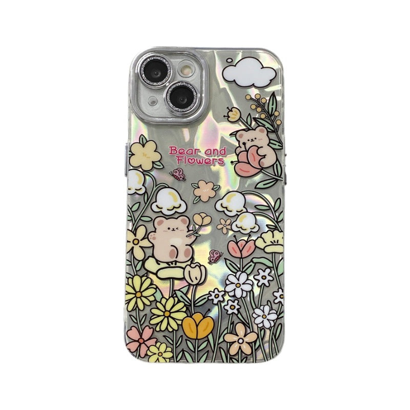 Accessories Cartoon Water Ripple Flower Bear Applicable to iPhone15 Mobile Phone Case Apple 14promax Lens Film 13pro