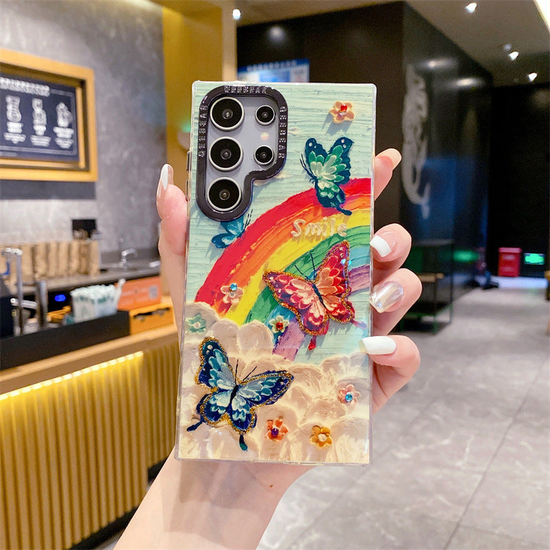 Accessories three-dimensional Epoxy rhinestone rainbow butterfly for Samsung s24plus mobile phone case s23ultra blue light s23 oil painting