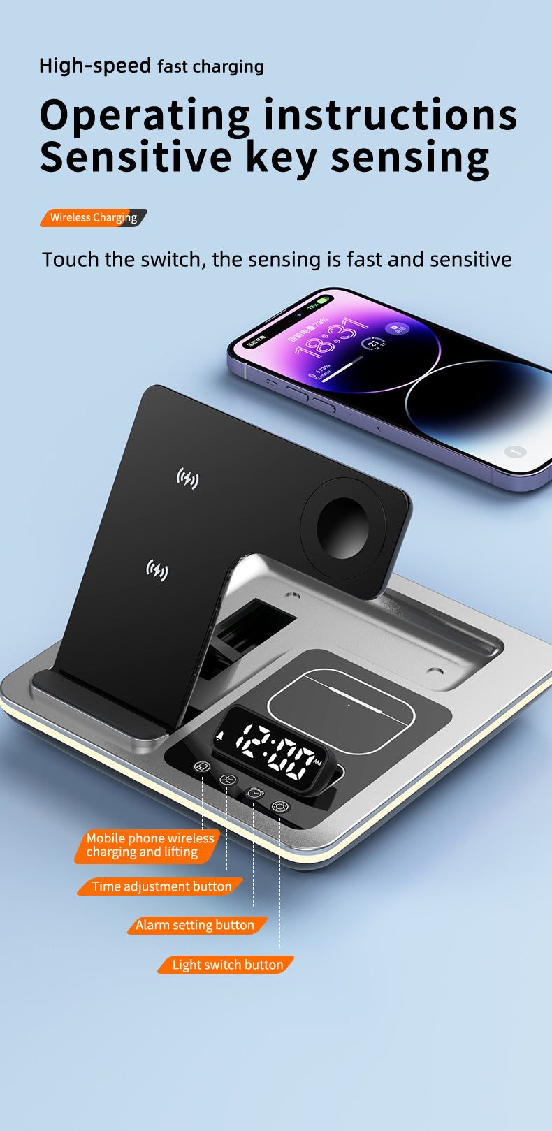 Popular folding three-in-one wireless charger, desktop mobile phone holder, multi-function clock digital display wireless charging