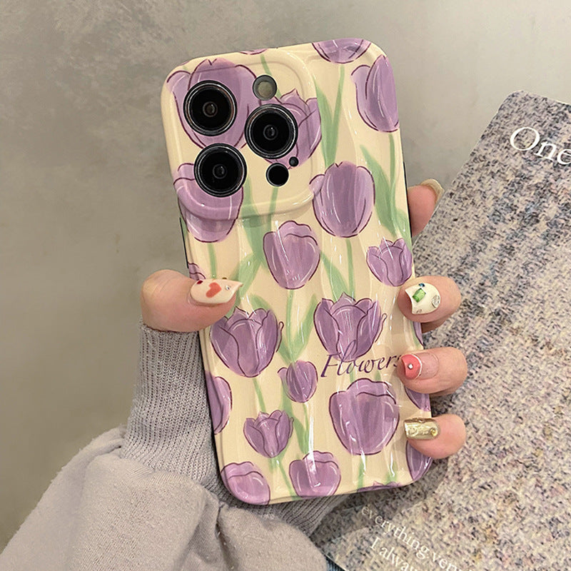 Accessories ins wind purple tulip flower for apple 15promax mobile phone case iphone14pro premium sense 13p