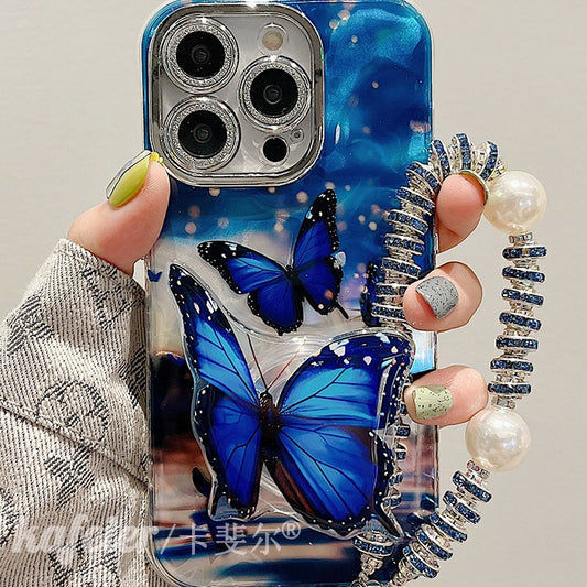 Accessories Superior sense beautiful blue butterfly bracket bracelet iphone15pro max mobile phone case apple 14 new