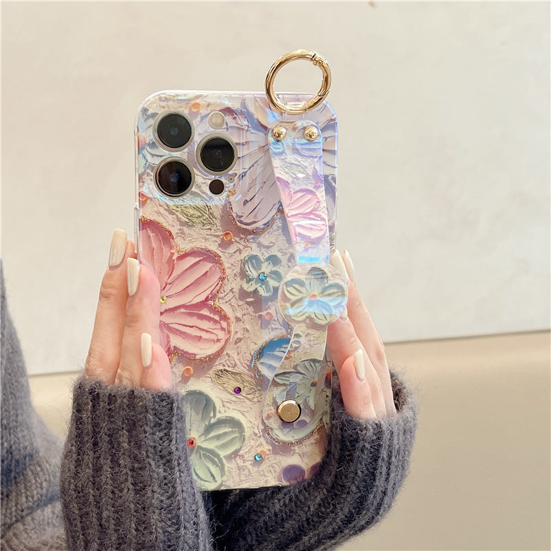 Accessories (Shipping fee not included) Applicable to iphone14promax mobile phone case Apple 13 oil painting flower wristband 11 blue light dot diamond 12 Korean women's models