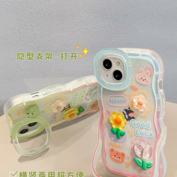 Accessories Frog Flower for Apple 13/14 Double Stand New iPhone 15 Cute Niche Mobile Phone Case Creative Cartoon