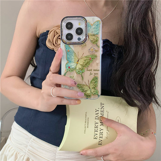 Accessories Blue light green butterfly for iPhone 15 mobile phone case iphone14 Promax glitter color diamond lens ring 15plu