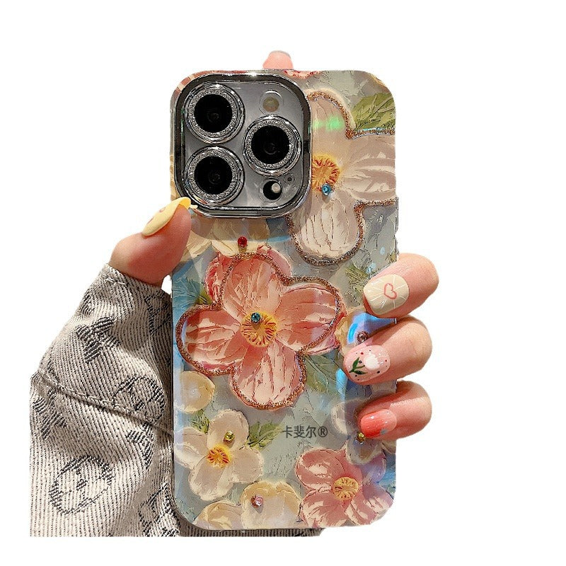 Accessories for beautiful oil painting flower back clip crossbody lanyard iphone15promax mobile phone case apple 14 new 13