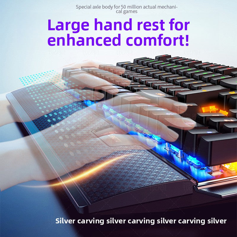 Silver engraving K100 metal real mechanical keyboard, hand rest knob game blue axis wired USB