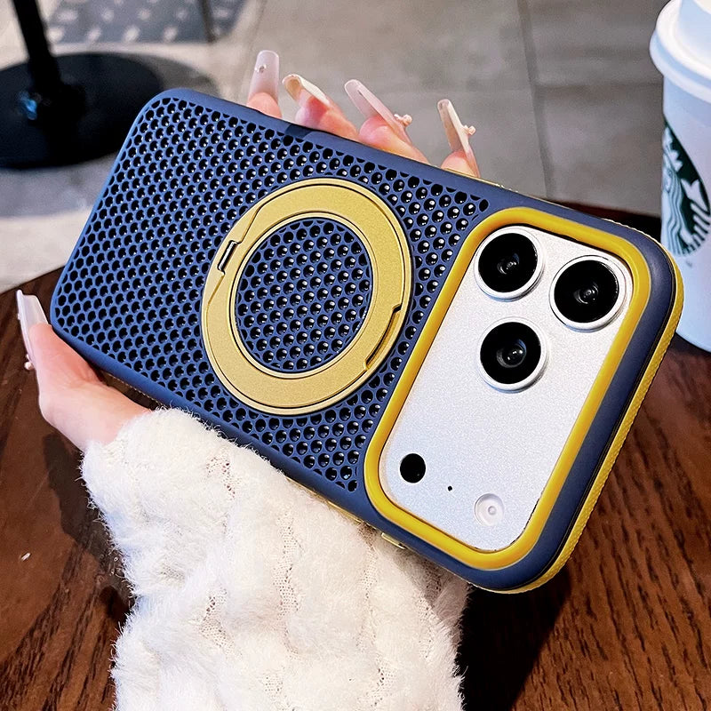 Two-color honeycomb bracket for iPhone 17promax mobile phone case New iPhone16 contrasting color honeycomb heat dissipation with 360 ° rotating bracket 15pro breathable, shell Phone accessories