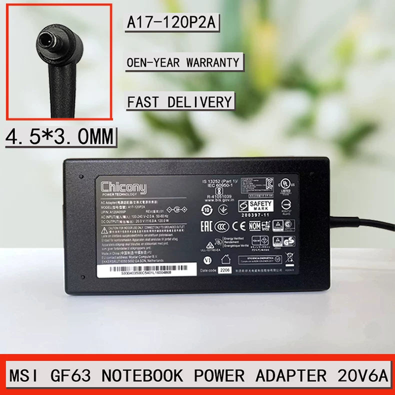 Genuine New  AC Adapter Charger for MSI GF63 notebook power adapter 20V 6A 4.5*3.0MM 5.5*2.5mm Power supply  MSI laptop repair parts