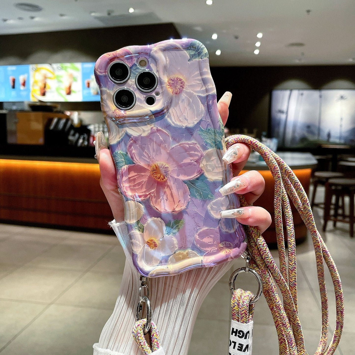 Accessories Premium Sense Blue Light Oil Painting Camellia Applicable iPhone13 Mobile Phone Case Apple 15promax Crossbody Strap 14