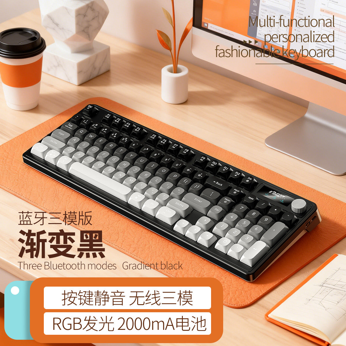 Silver Diao K10 wireless bluetooth three-mode gaming keyboard USB silent RGB wired office charging computer rohs