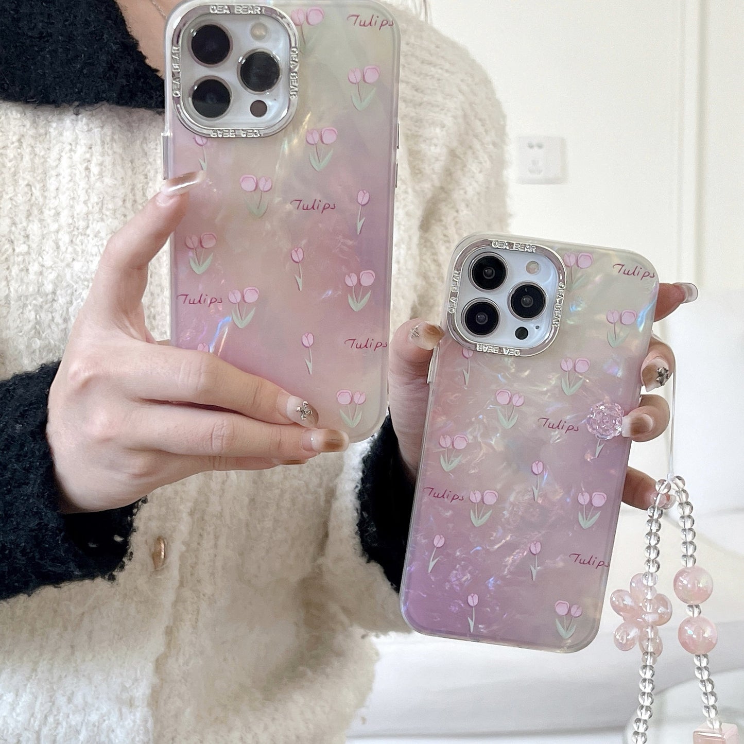 Accessories Pink Tulip Flower for Huawei Mate60Pro/P40/P50 with bracelet iphone13 mobile phone case 12