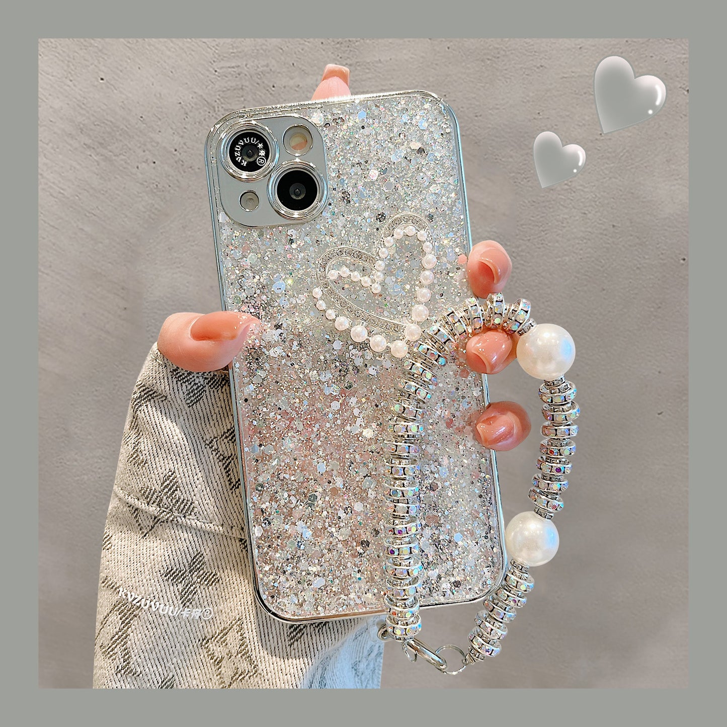 Accessories for Apple 14 mobile phone case iphone15promax Epoxy Sequins Pearl Love Rhinestone Bracelet 13 Premium