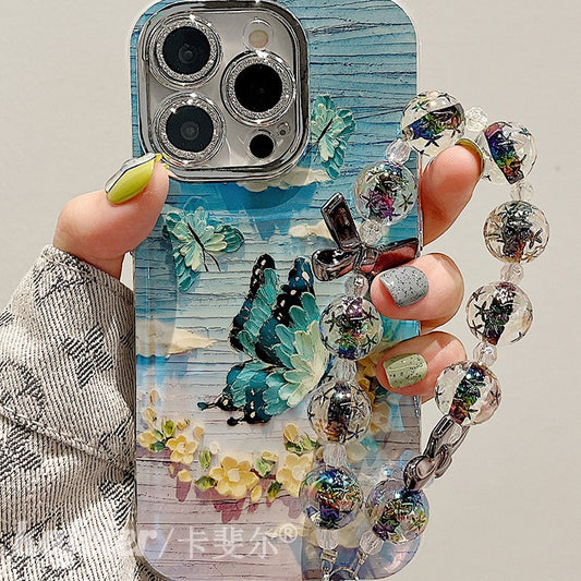 Accessories for high-end aesthetic oil painting flower butterfly bracelet iphone15pro max mobile phone case apple 13 new