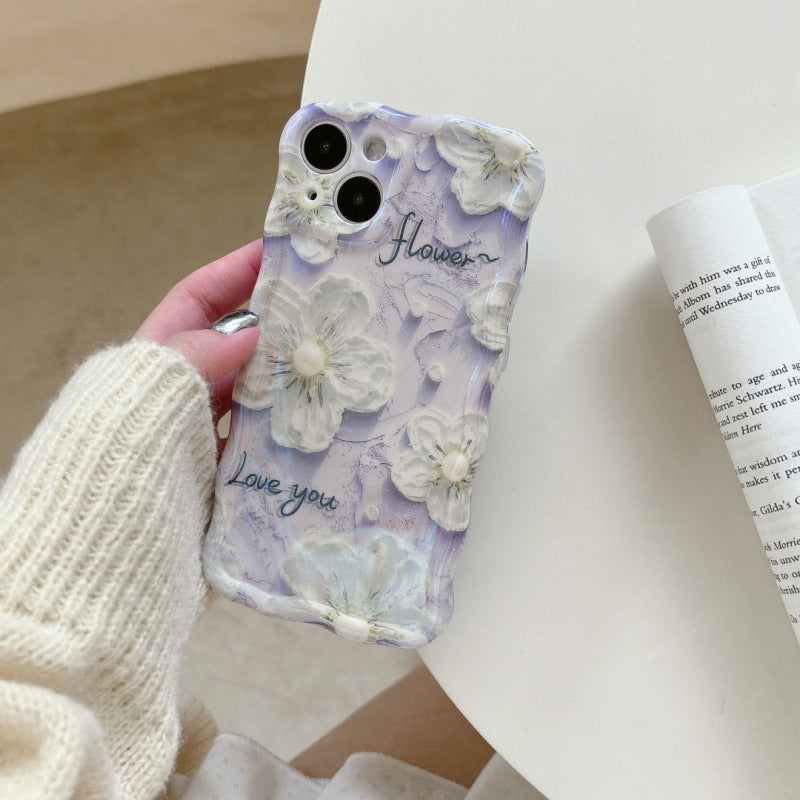 Accessories (Shipping fee not included) Purple foundation English flower twisted edge mobile phone trendy case Internet celebrity mobile phone case New creative iphone14 Apple ins