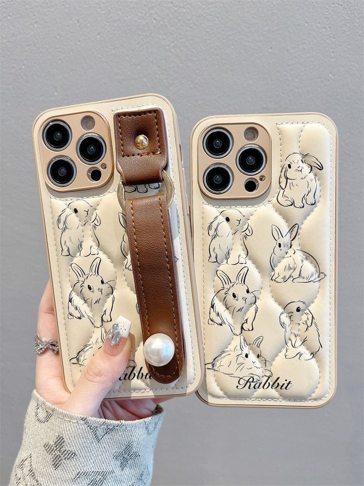 Accessories for Apple 15promax mobile phone case 13 down jacket fun rabbit 14 new 15pro wrist strap women's case