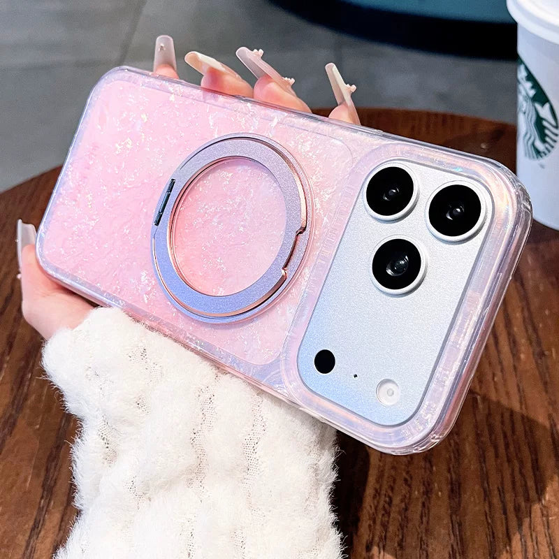 Gilded shell pattern stand for iPhone 17 Pro Max phone case, new iPhone 16 gradient gradient gradient with built-in pearlescent glitter protective cover, 15 Pro stand case, Phone accessories