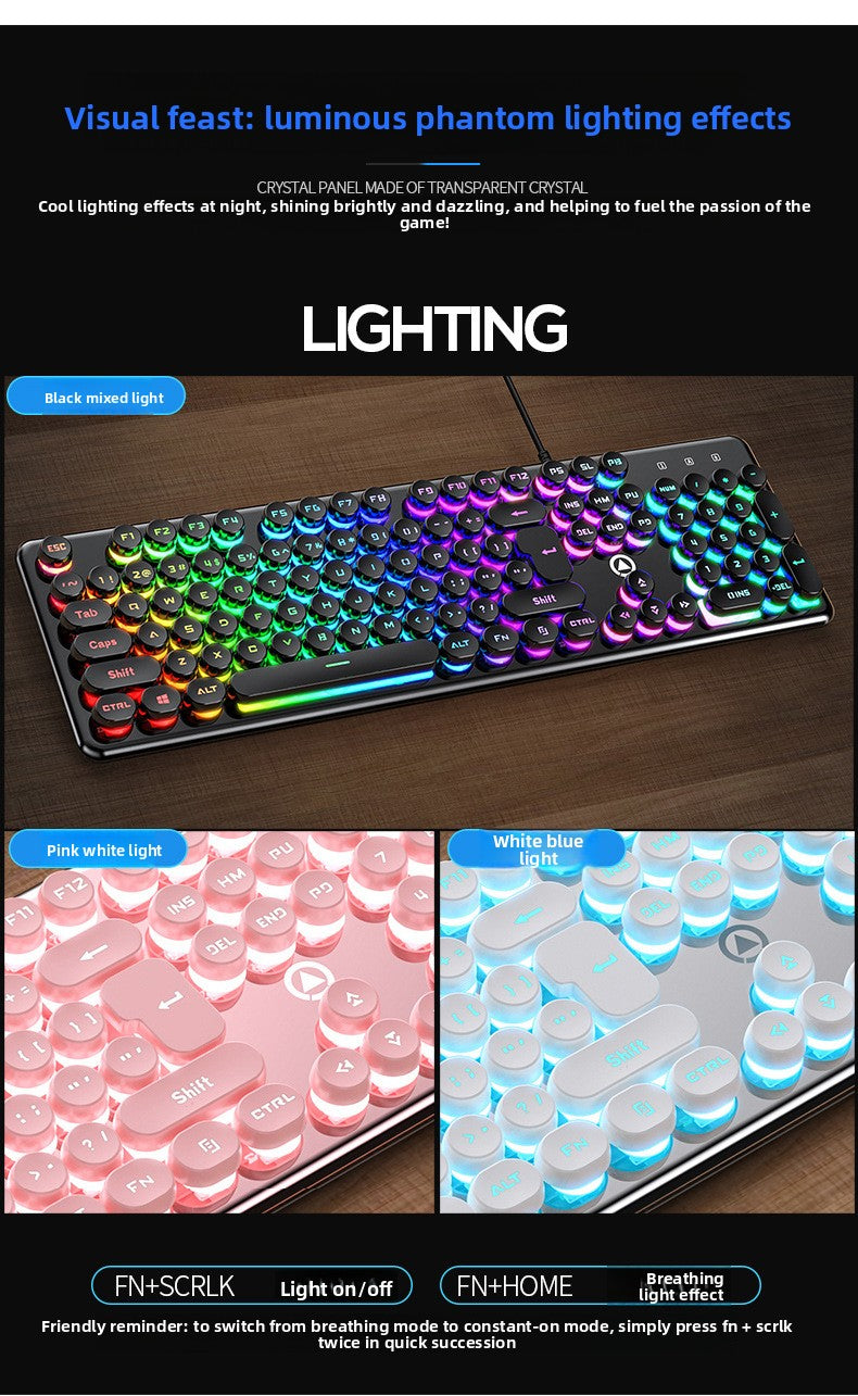 Silver V7 crystal mechanical feel game wired keyboard round punk keycap glow