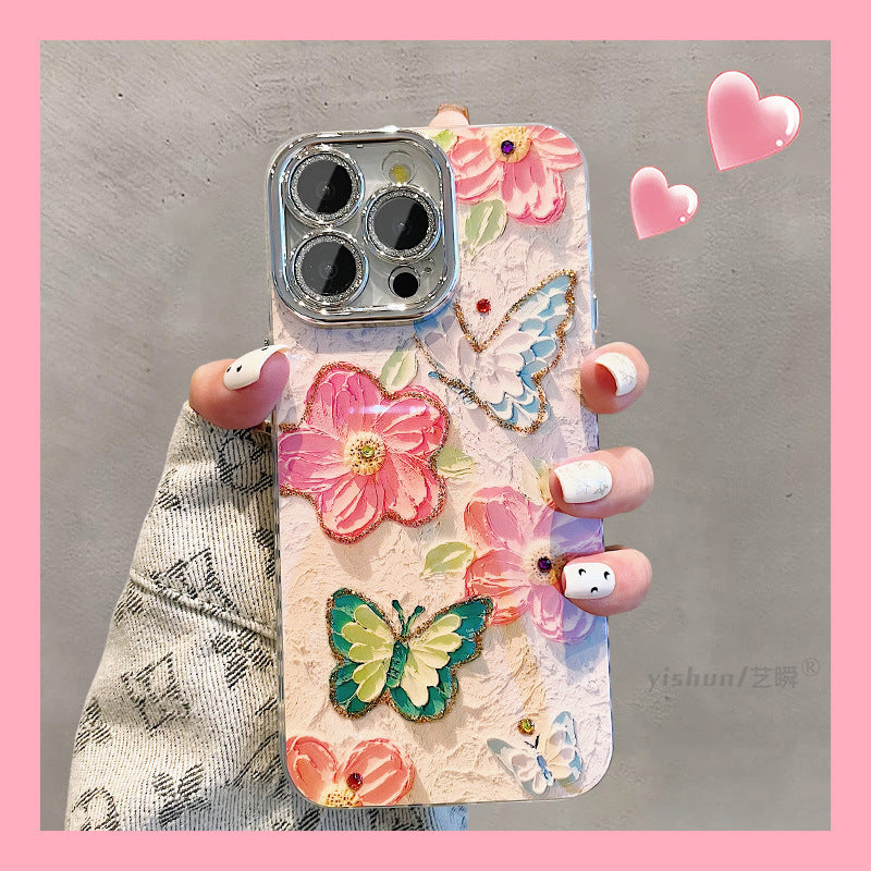 Accessories for Apple 15ProMax mobile phone case iPhone14 beautiful blue light oil painting butterfly flower 12 Japanese and Korean new models