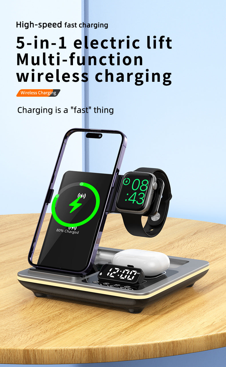 Popular folding three-in-one wireless charger, desktop mobile phone holder, multi-function clock digital display wireless charging