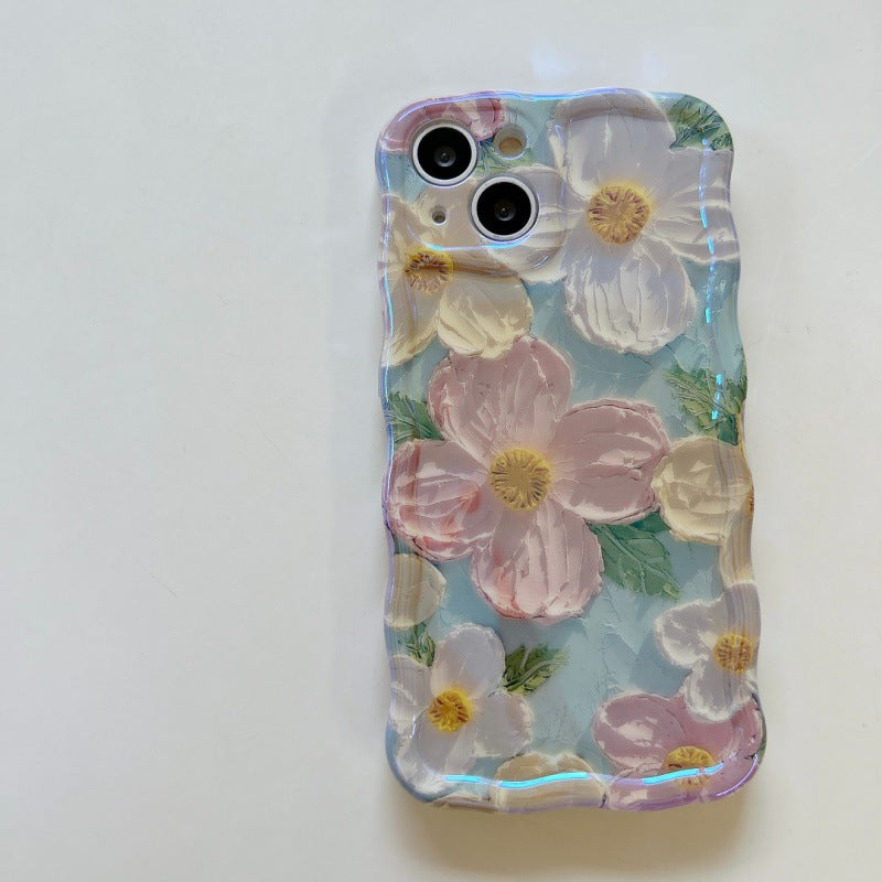 Accessories green purple bottom oil painting flower twist edge mobile phone tide case Internet celebrity iPhone case new creative iPhone 15 Apple