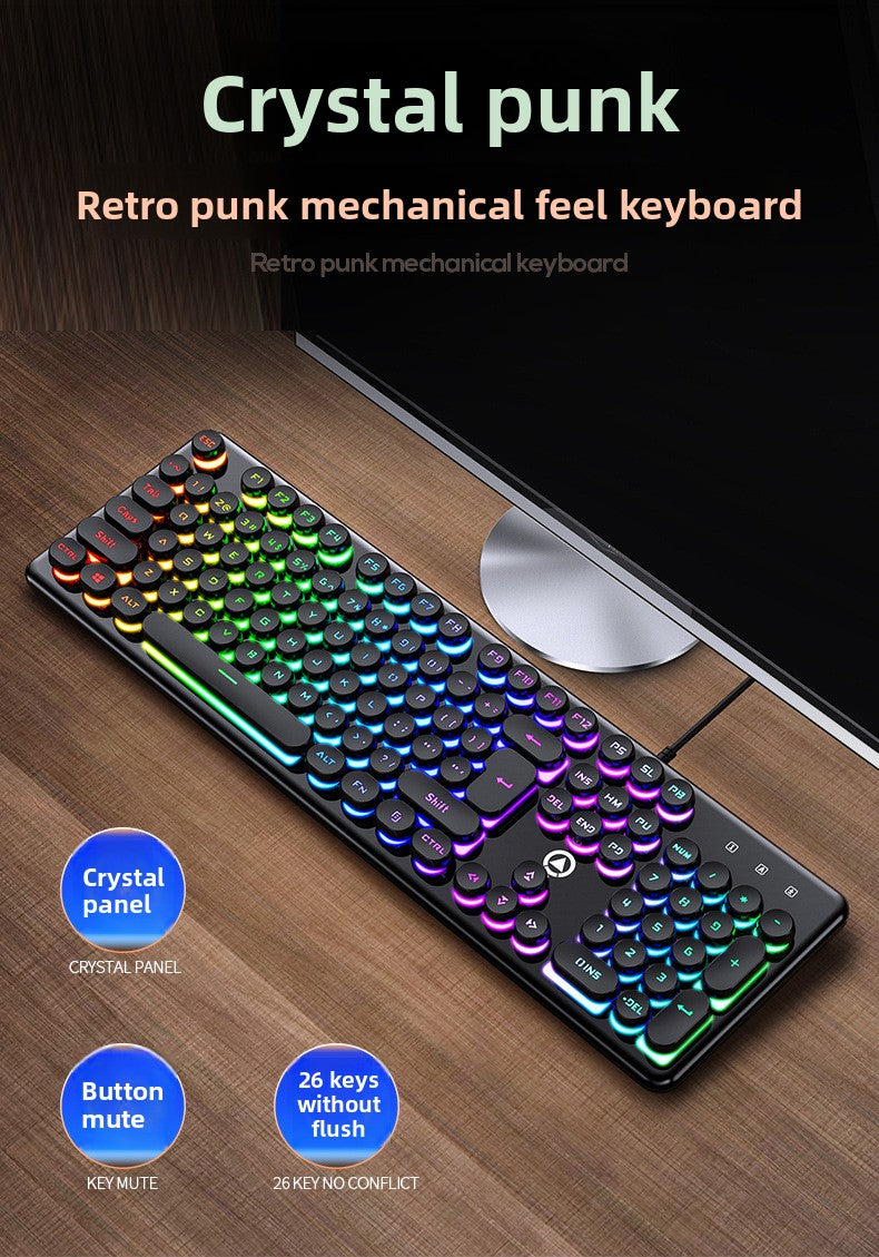 Silver V7 crystal mechanical feel game wired keyboard round punk keycap glow