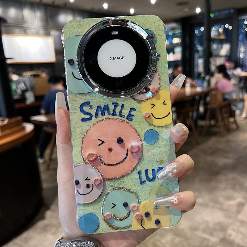 Accessories are suitable for Huawei mate60 Apple series new shell personalized creative large hole beige bottom smiley face anti-drop all-inclusive tide