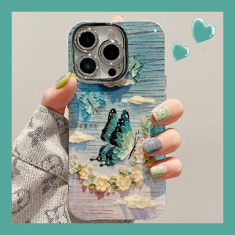 Accessories for high-end aesthetic oil painting flower butterfly bracelet iphone15pro max mobile phone case apple 13 new