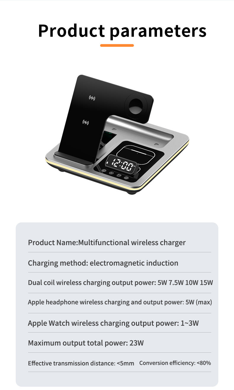 Popular folding three-in-one wireless charger, desktop mobile phone holder, multi-function clock digital display wireless charging