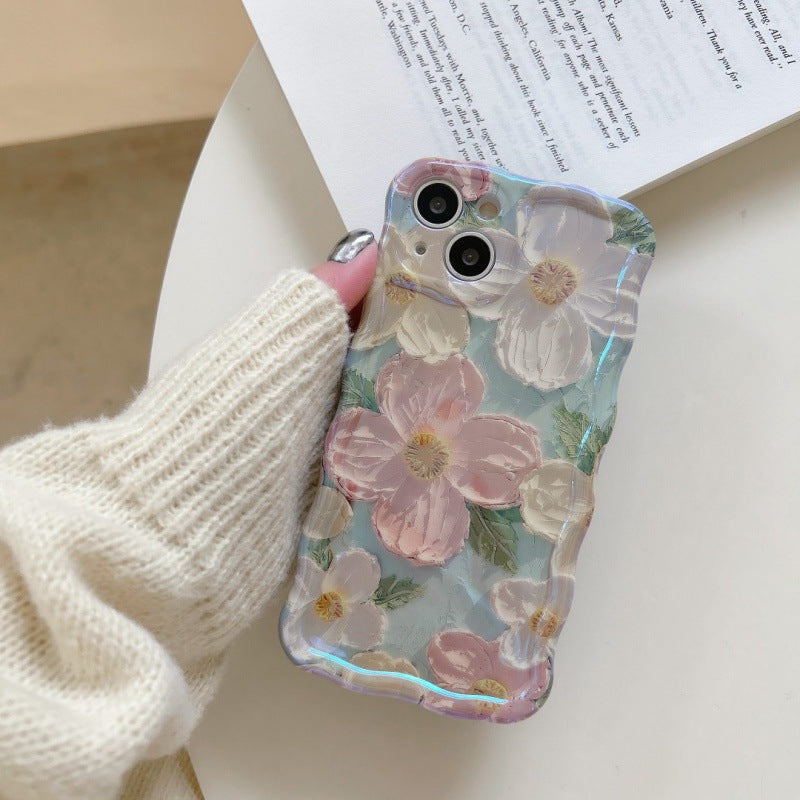 Accessories green purple bottom oil painting flower twist edge mobile phone tide case Internet celebrity iPhone case new creative iPhone 15 Apple