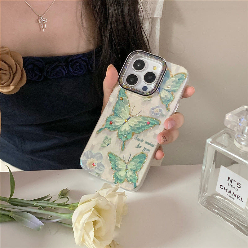 Accessories Blue light green butterfly for iPhone 15 mobile phone case iphone14 Promax glitter color diamond lens ring 15plu