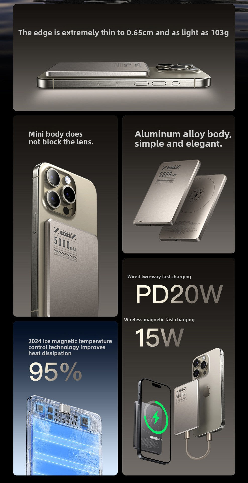 Ultra-thin Magsafe magnetic wireless power bank 5000mAh PD20W fast charging aluminum alloy compact mobile power supply