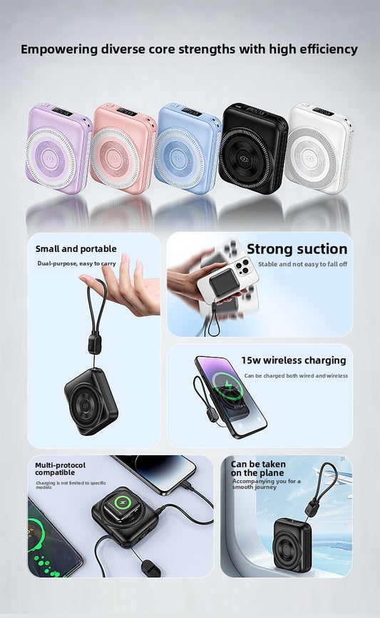 3-in-1 fast charging mobile power supply for mobile phones, earphones, watches, 10,000 mAh with cable, magnetic power bank.