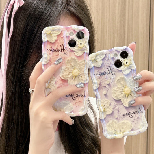 Accessories (Shipping fee not included) Purple foundation English flower twisted edge mobile phone trendy case Internet celebrity mobile phone case New creative iphone14 Apple ins